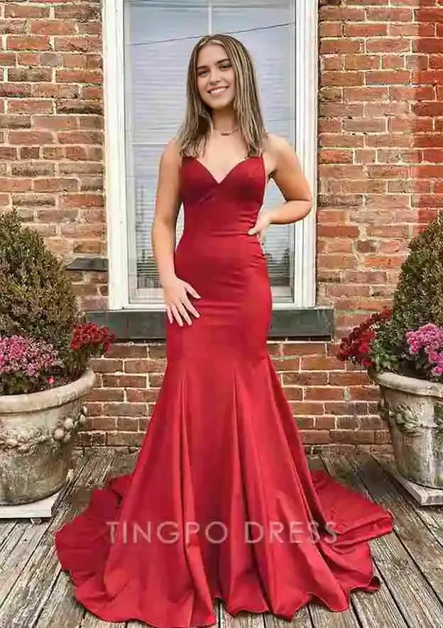 TingPo Wholesale Elegant Trumpet/Mermaid V Neck Spaghetti Straps Sweep Train Satin Prom Dress